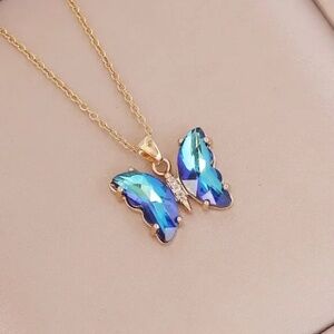 3/$35 Dark Blue Butterfly Pendant Necklace Iridescent Crystal Gold Chain Jewelry
